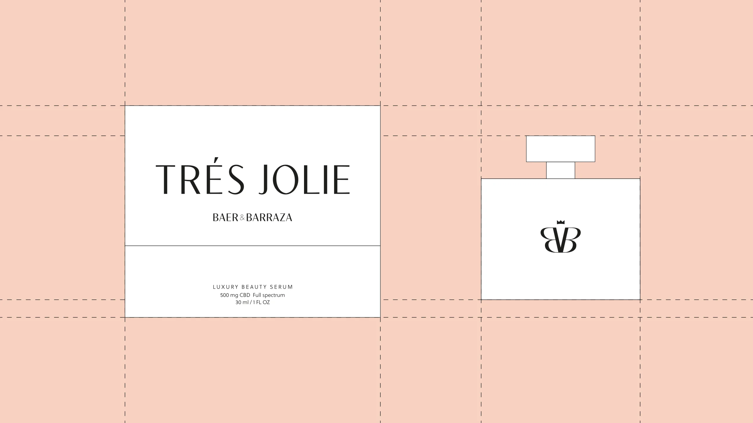 Trés Jolie serum box and bottle artwork on a blush grid