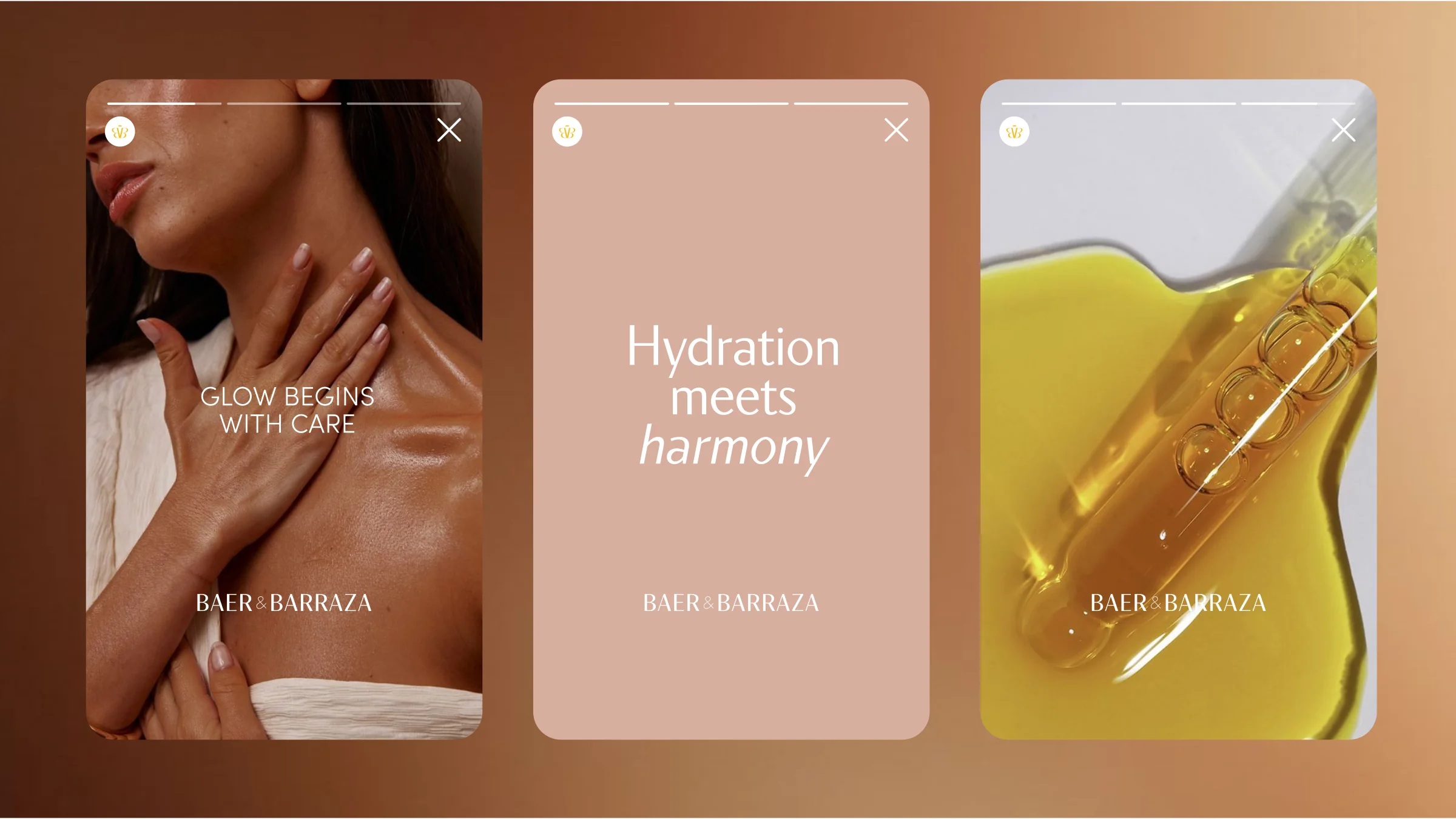 Three Instagram stories: Glow begins with care, Hydration meets harmony and a serum close-up