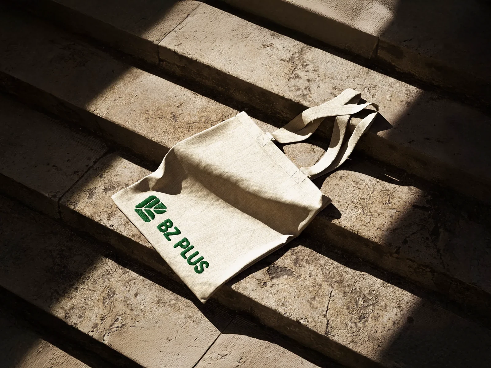 BZ PLUS tote bag with the green logo lying on sunlit stone steps