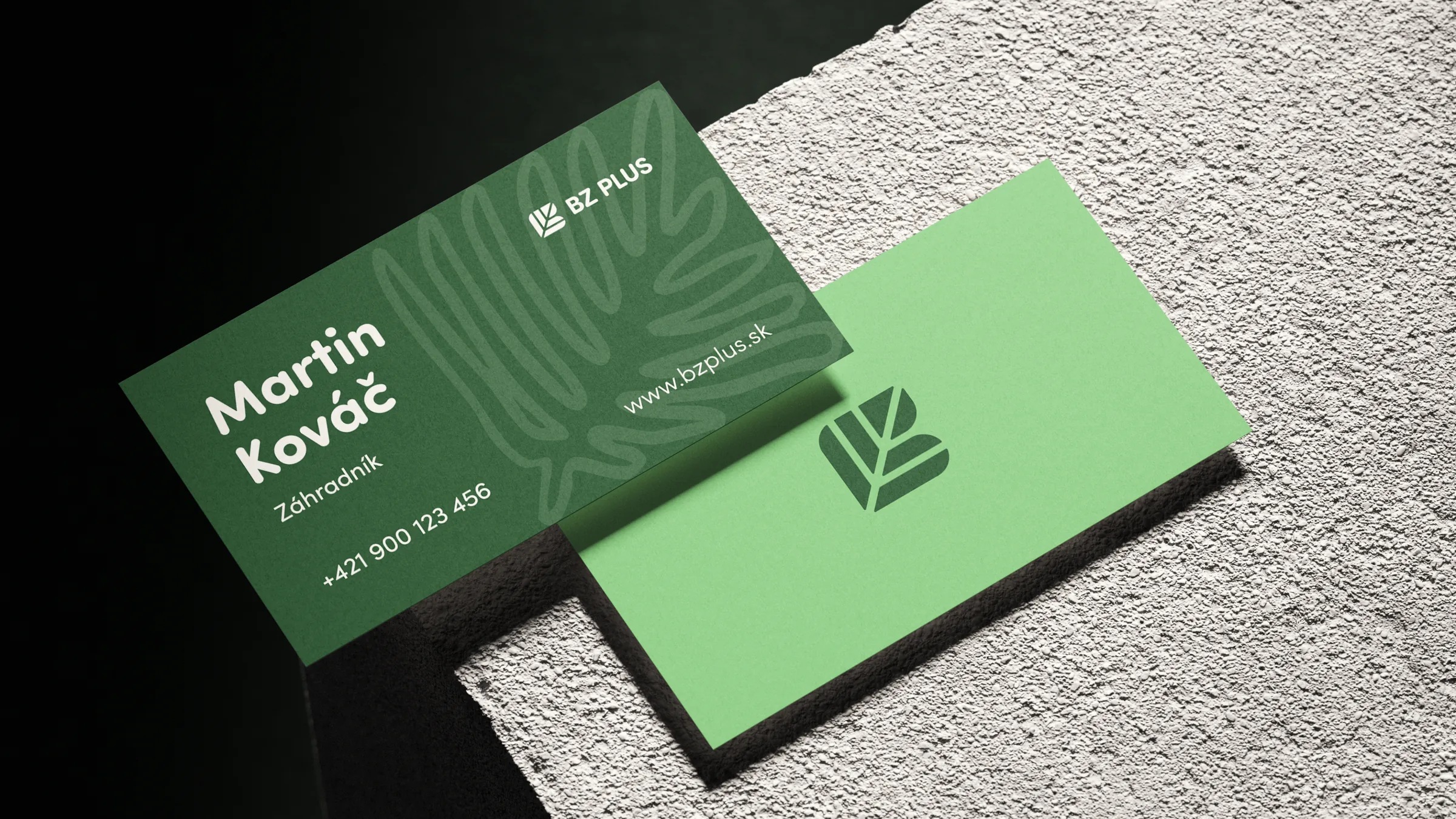 BZ PLUS business cards in forest and leaf green on a stone surface