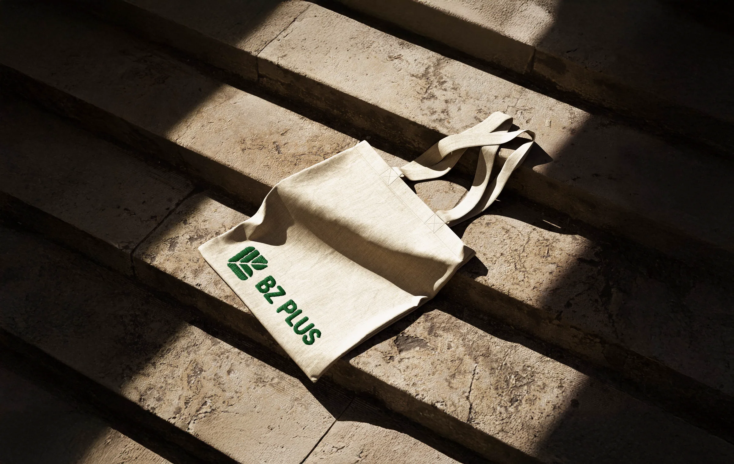 Canvas tote bag with embroidered BZ PLUS logo on sunlit stone steps