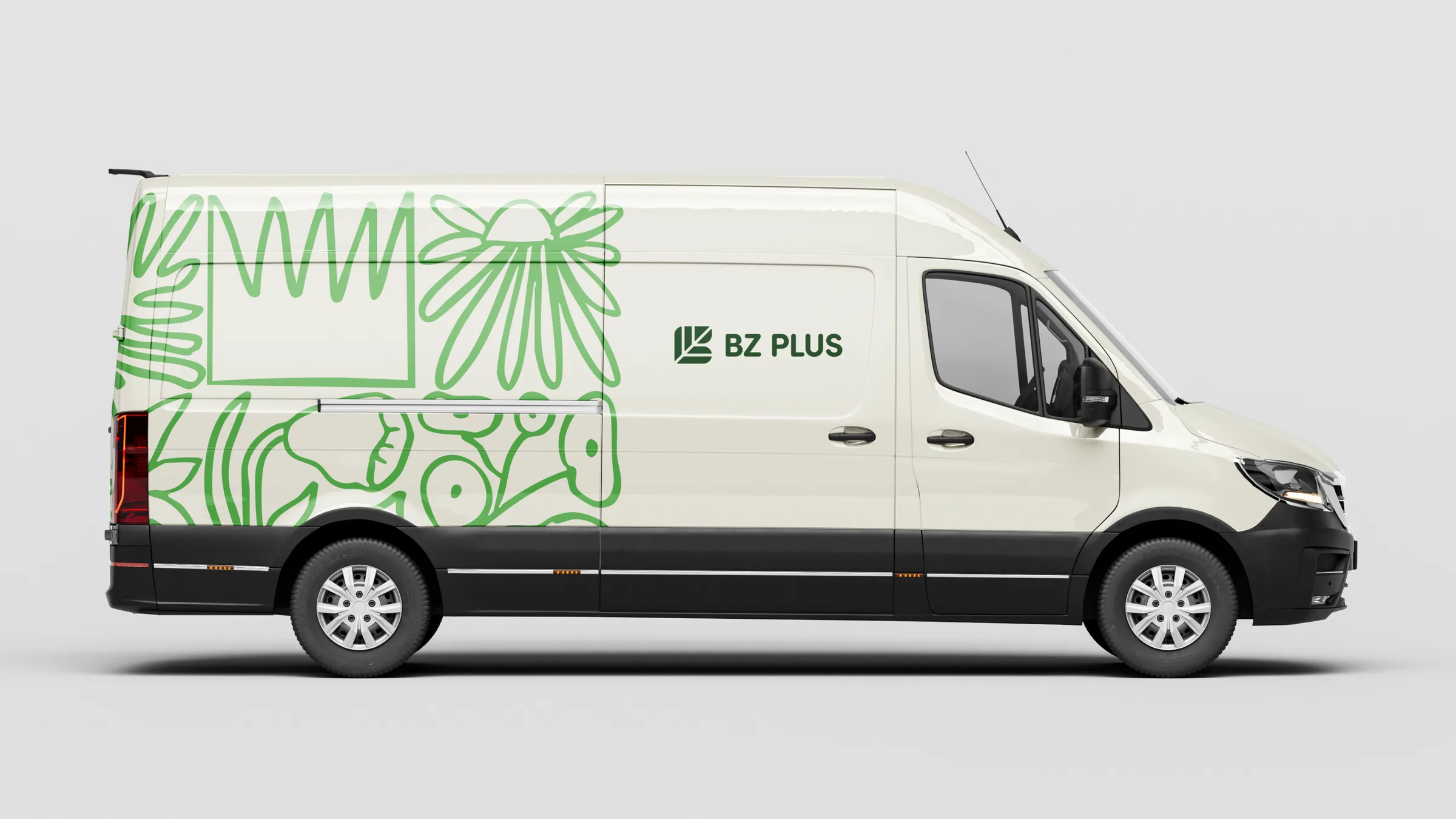 White van wrapped in BZ PLUS plant illustrations and logo