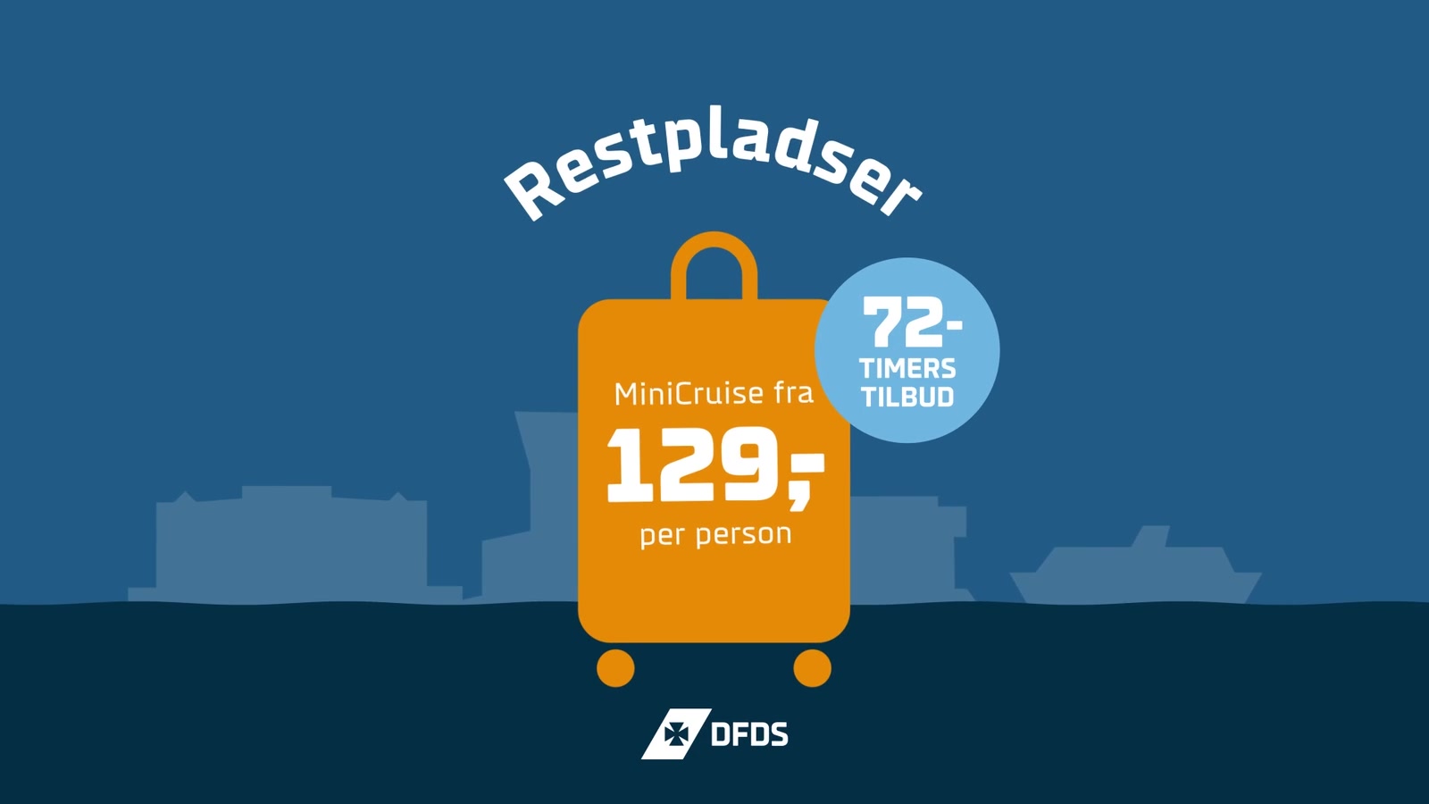 DFDS Last Minute: orange suitcase with the price and a 72-hour badge