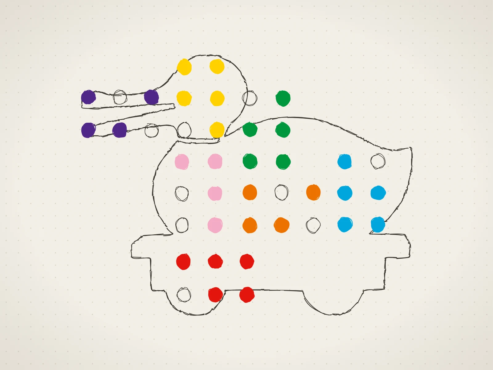Pencil sketch of the LEGO wooden duck filled with coloured studs