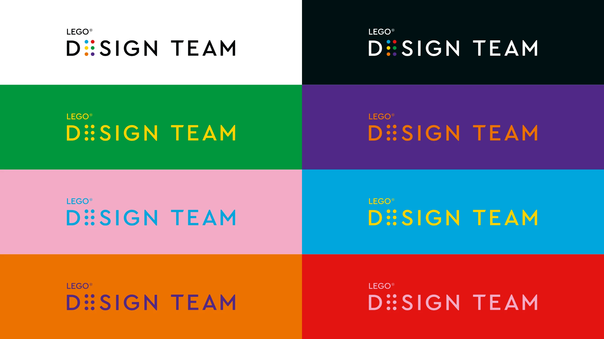 Eight versions of the logo: full colour on white and on black, and six one-colour pairings such as yellow on green, orange on purple, blue on pink, yellow on blue, purple on orange and pink on red