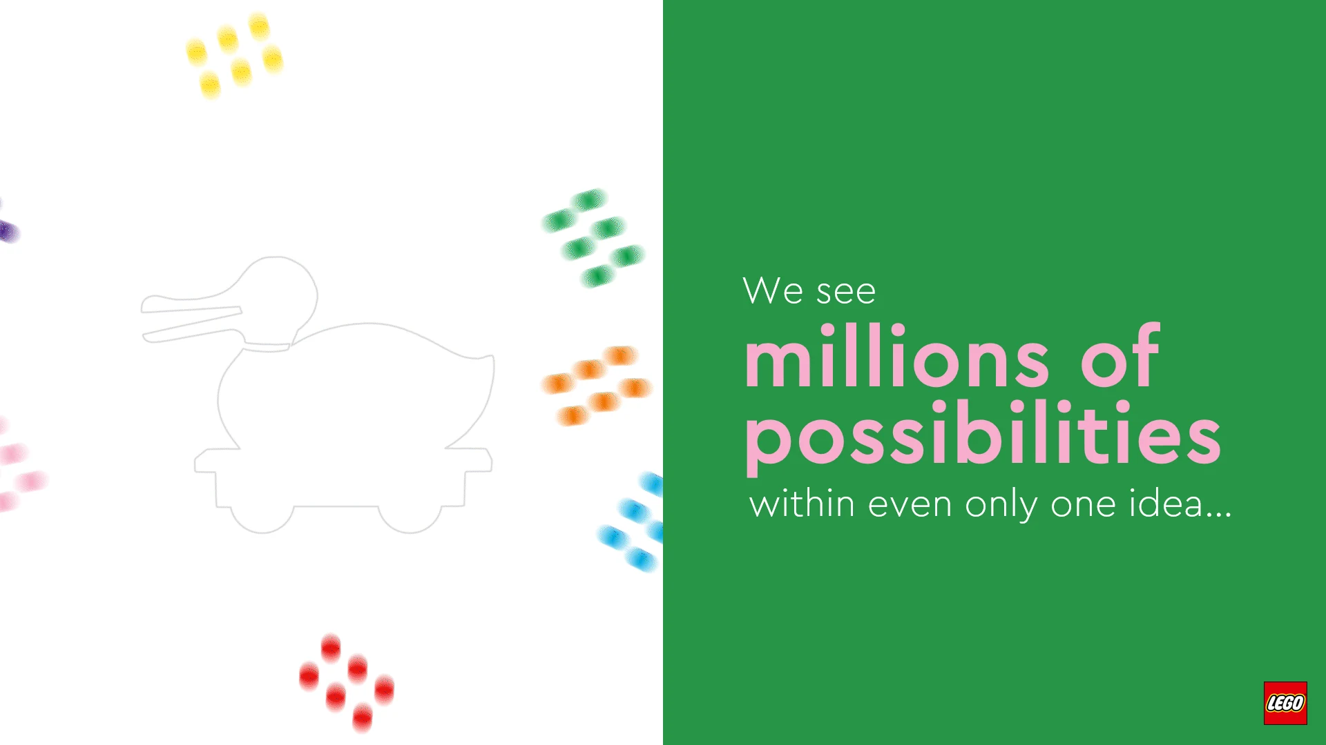 Brand deck slide: We see millions of possibilities within even only one idea, next to the duck outline with clusters of coloured studs