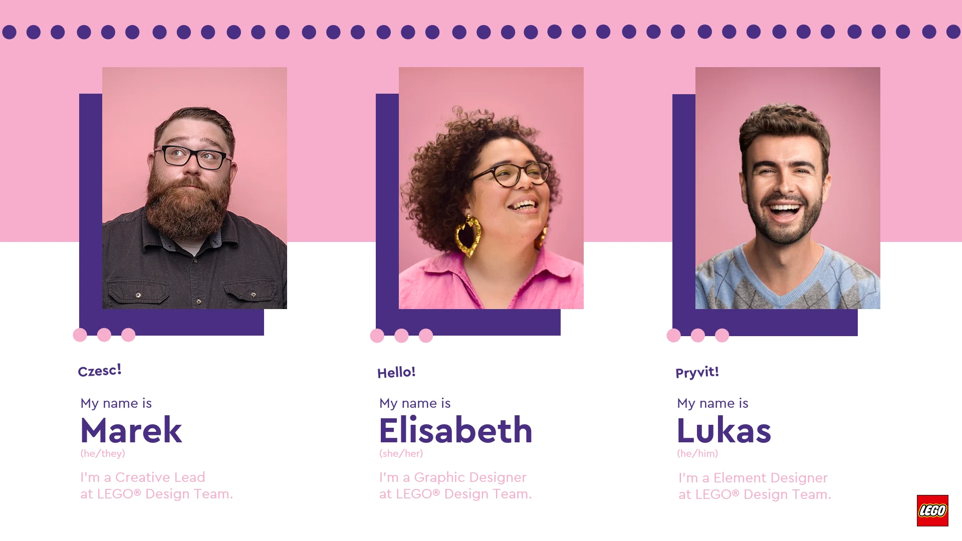 Team slide with three portraits on pink and purple and short introductions in different languages