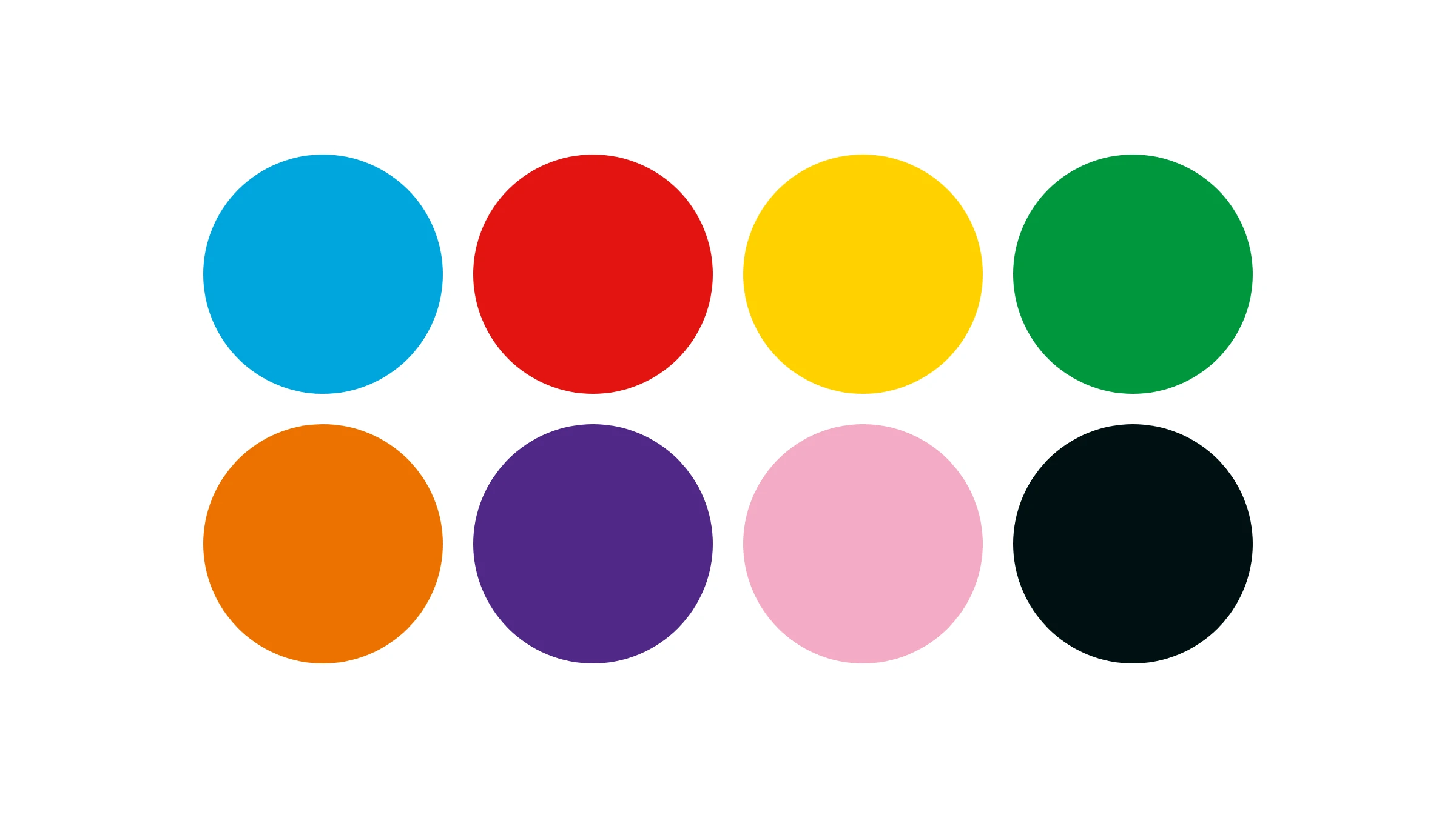 Colour palette as eight studs in a 2 x 4 grid: blue, red, yellow, green, orange, purple, pink and black