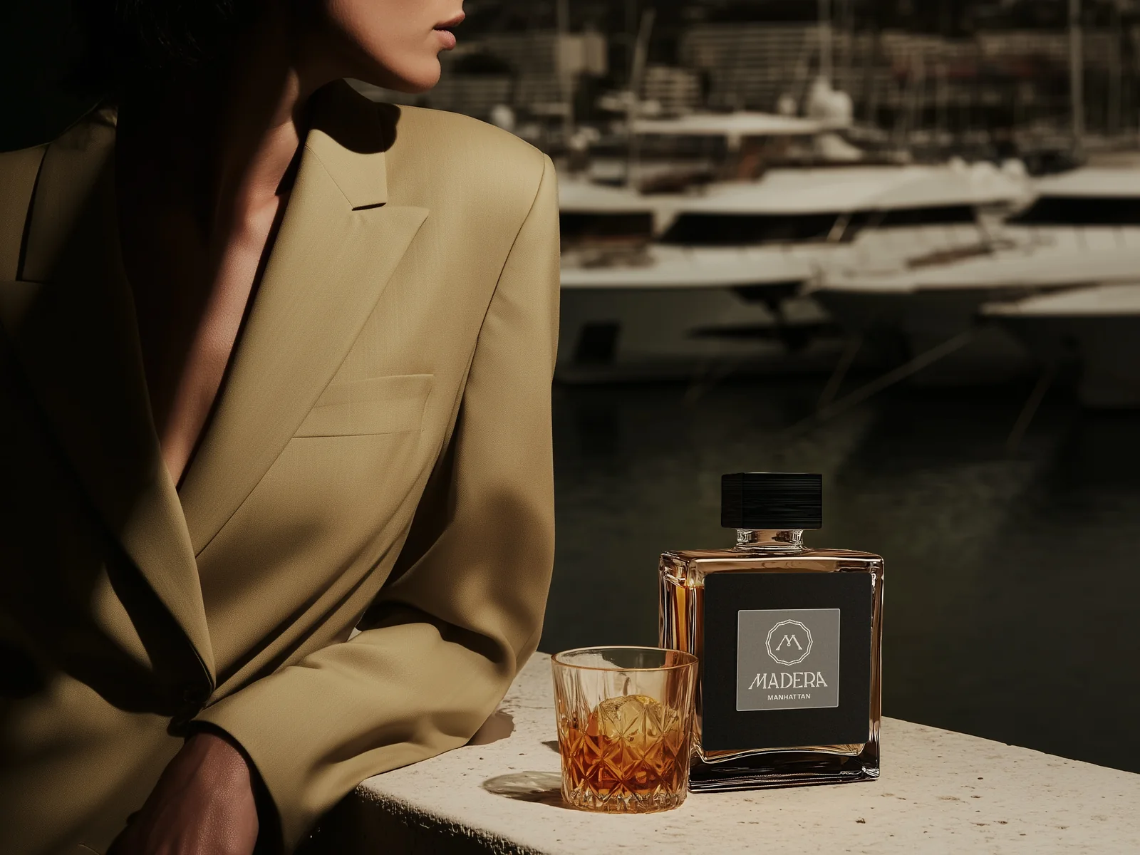 Madera Manhattan bottle and a glass on ice on a marina balcony
