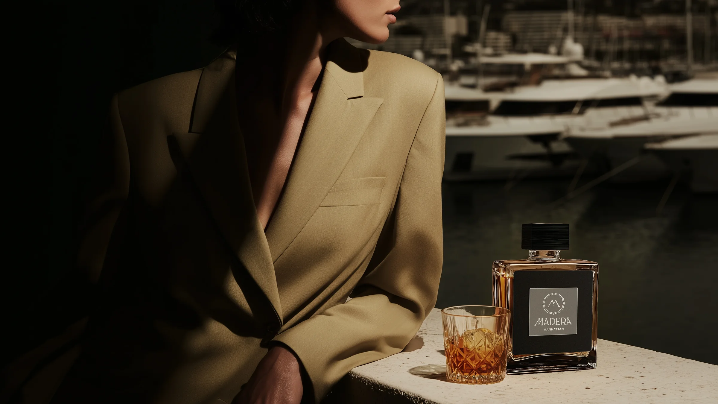 A woman in a camel blazer on a marina balcony next to a bottle of Madera Manhattan and a glass on ice