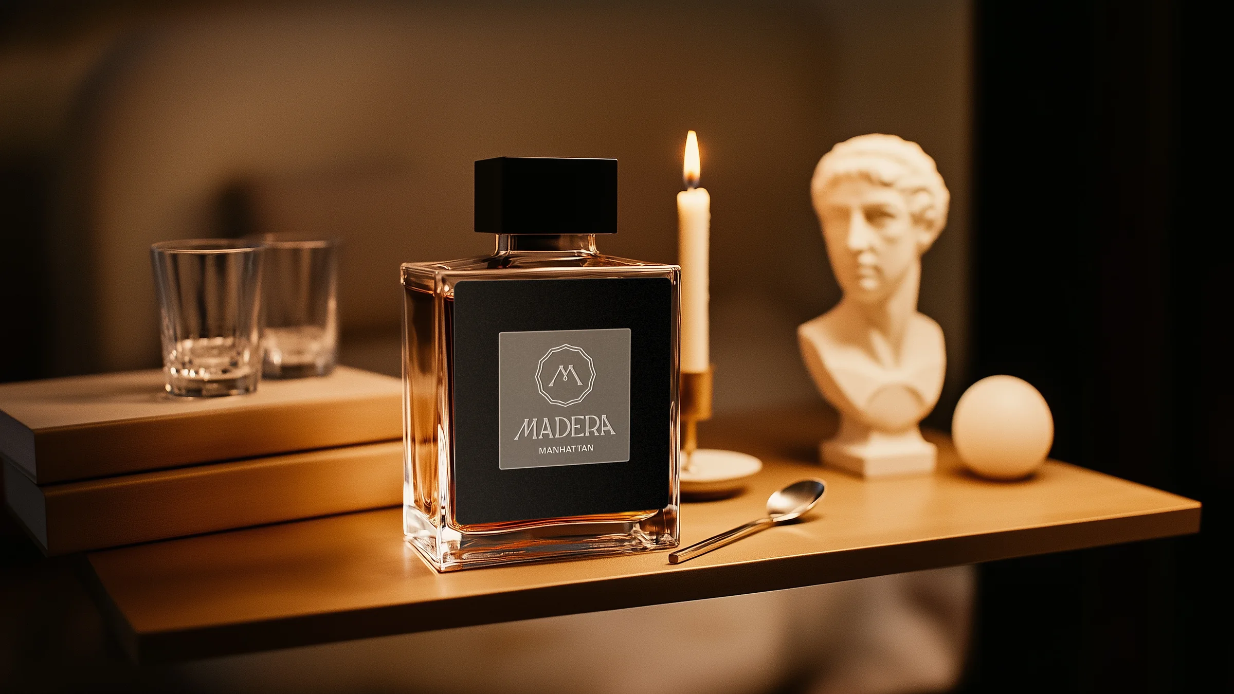 Madera Manhattan bottle on a wooden shelf by candlelight, next to a marble bust and two glasses