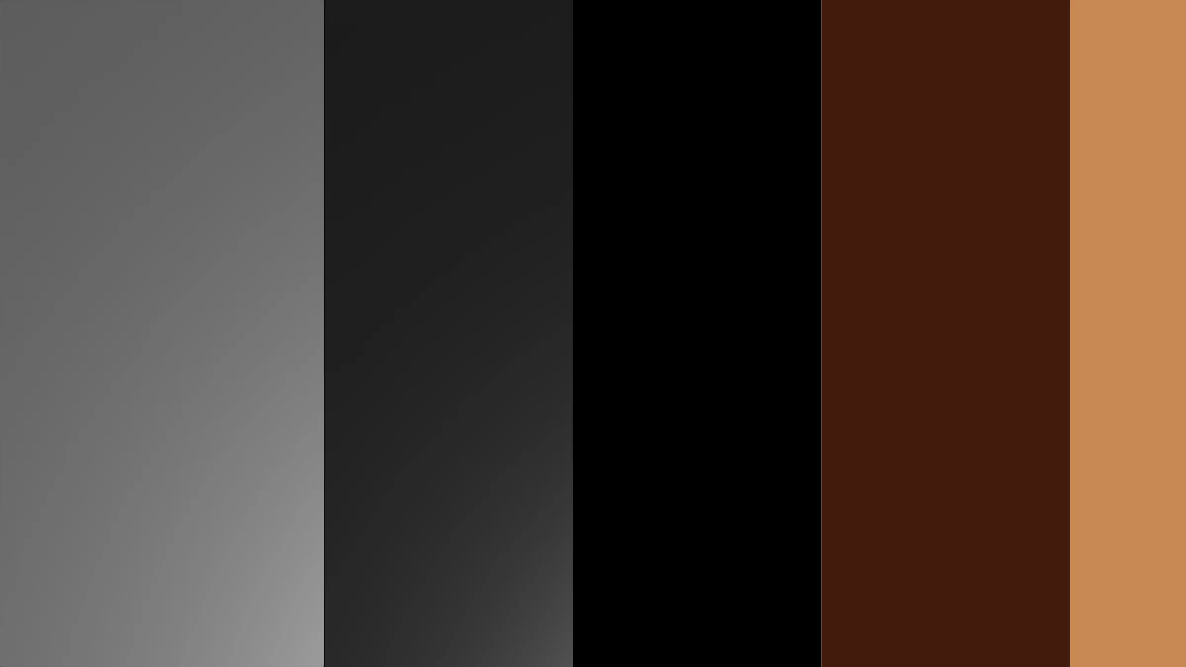 Colour palette: graphite, charcoal, black, deep brown and copper