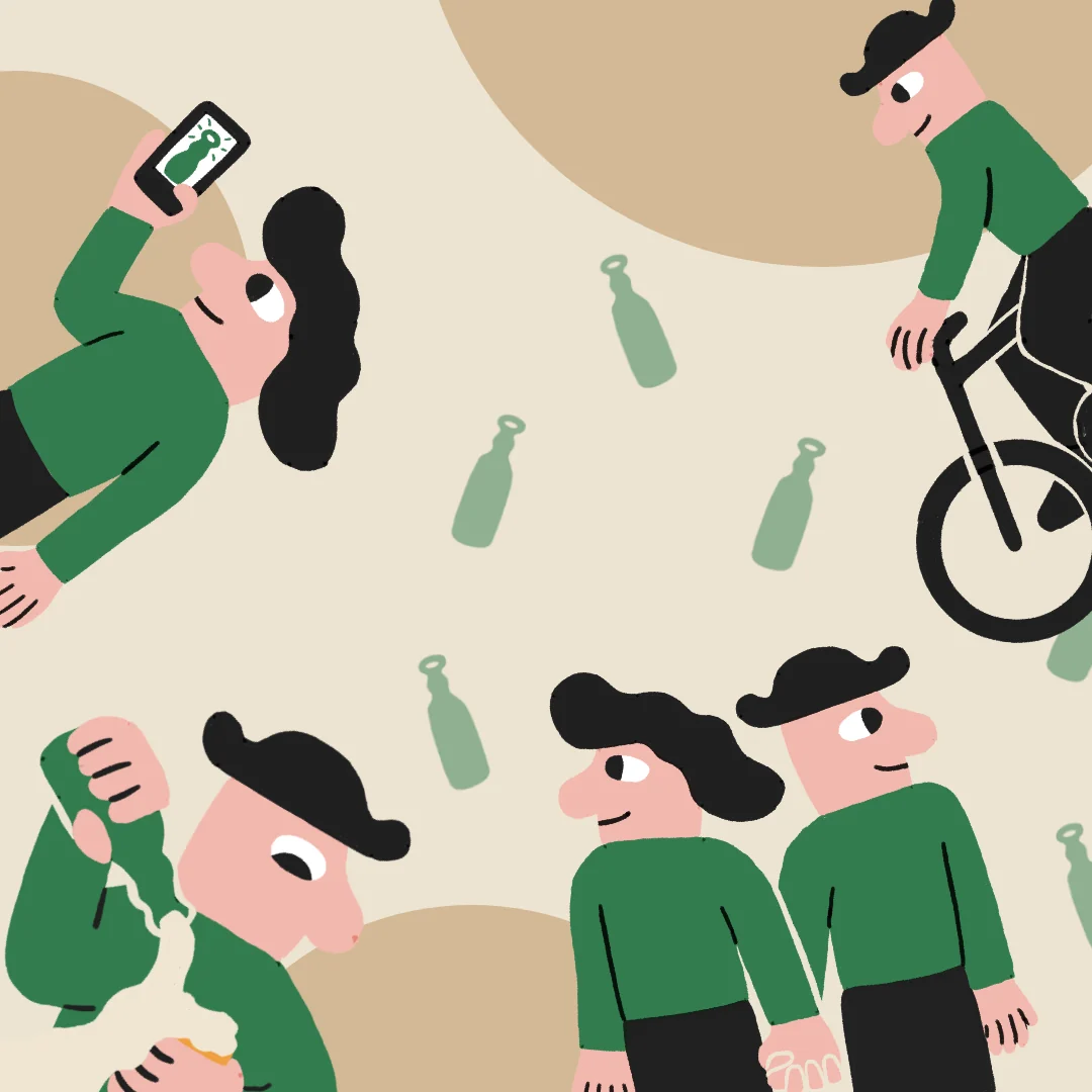 Collage of the characters drinking, cycling and checking the app among floating bottles