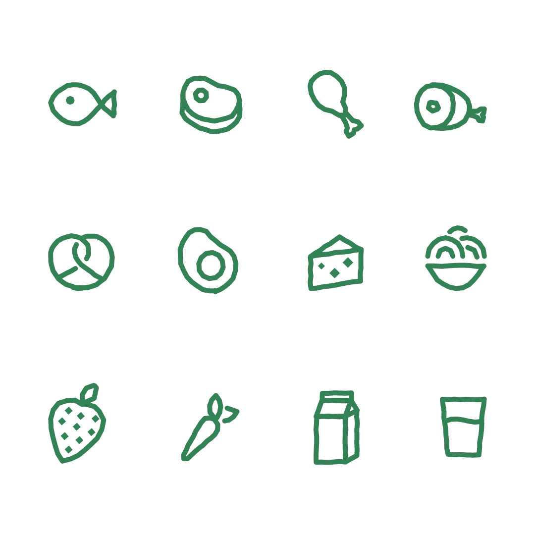 Twelve hand-drawn food pairing icons: fish, meat, poultry, pork, pretzel, avocado, cheese, carbs, strawberry, carrot, milk and glass