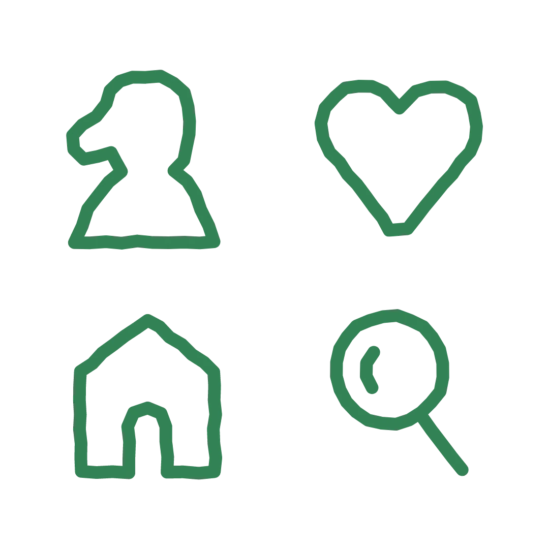 Hand-drawn navigation icons in outline: profile, heart, home and search