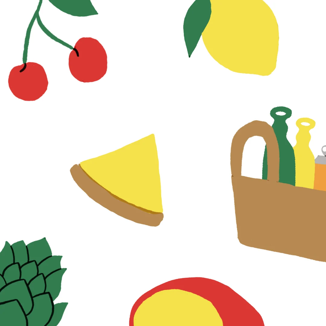 Hand-drawn illustrations of cherries, lemon, pie, artichoke and a basket of bottles