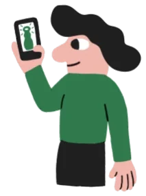 Animated character holding up a phone with a beer on screen